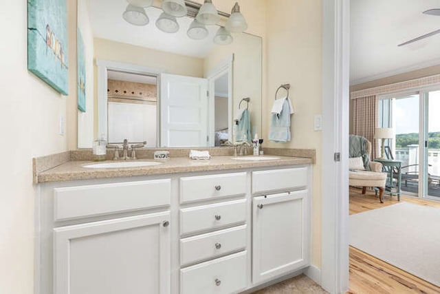 bathroom with vanity and wood-type flooring