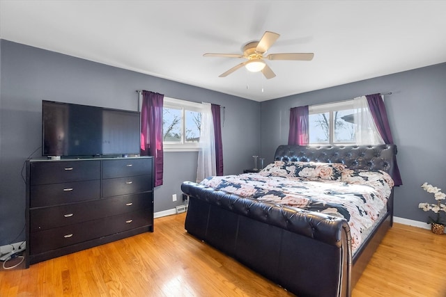 bedroom with ceiling fan and light wood-type flooring