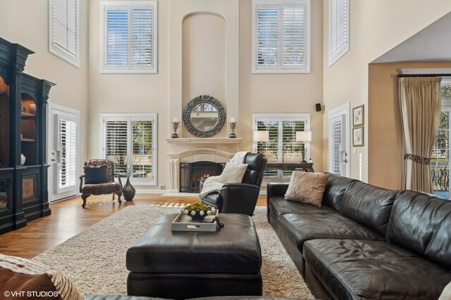 living area with a lit fireplace and wood finished floors