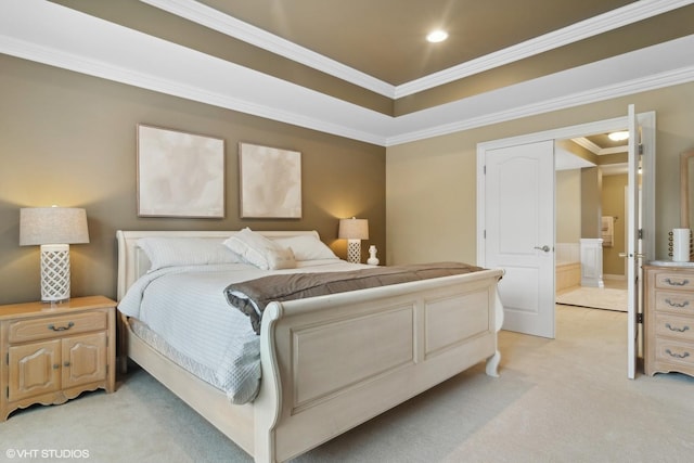 bedroom featuring recessed lighting, ornamental molding, a raised ceiling, and light colored carpet