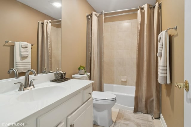 full bath with shower / bath combination with curtain, vanity, toilet, and tile patterned floors