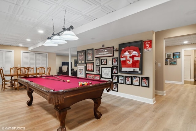 rec room featuring recessed lighting, light wood-style flooring, baseboards, and pool table