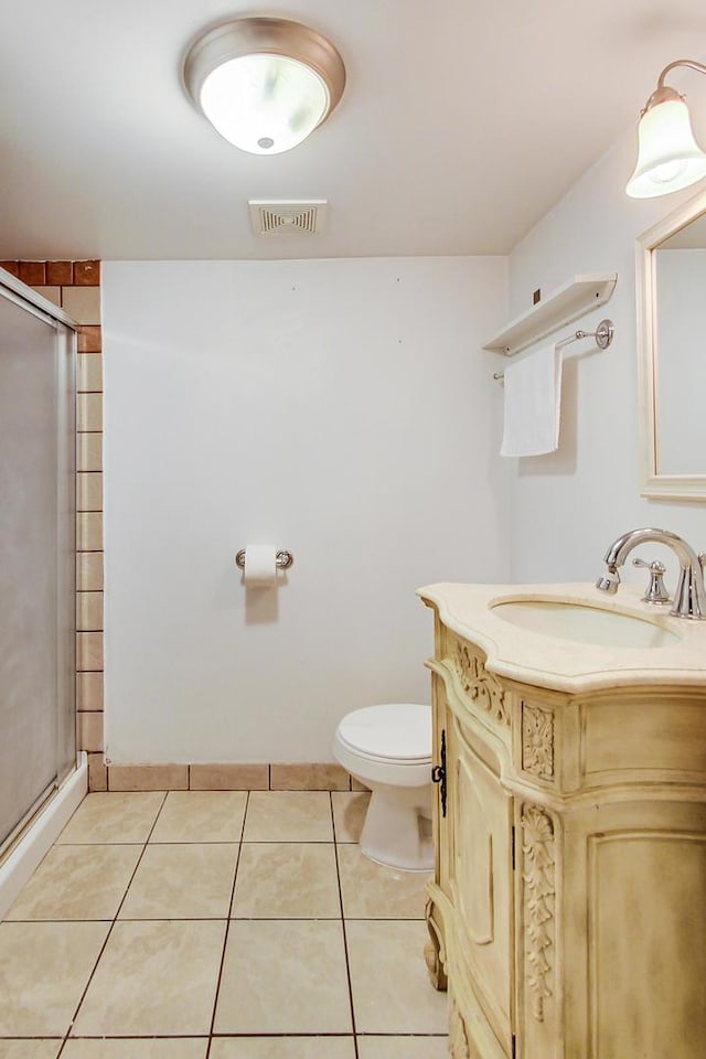 full bath with visible vents, toilet, a shower stall, vanity, and tile patterned floors