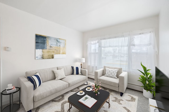 carpeted living room featuring baseboard heating