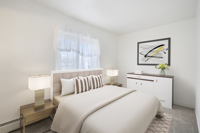 bedroom featuring a baseboard radiator and light colored carpet