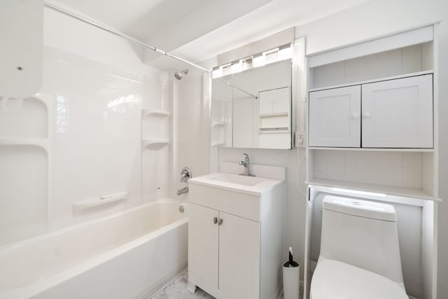 full bathroom featuring shower / tub combination, vanity, and toilet