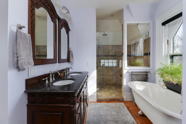 bathroom featuring wood-type flooring, independent shower and bath, and vanity