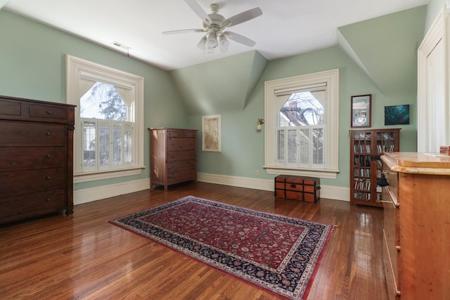 interior space with dark wood-type flooring, vaulted ceiling, and a wealth of natural light