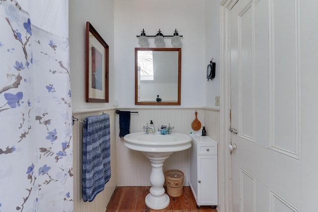 bathroom with hardwood / wood-style floors