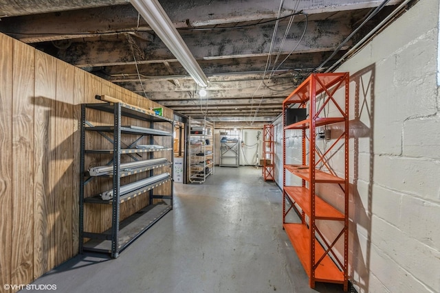 unfinished basement with concrete block wall