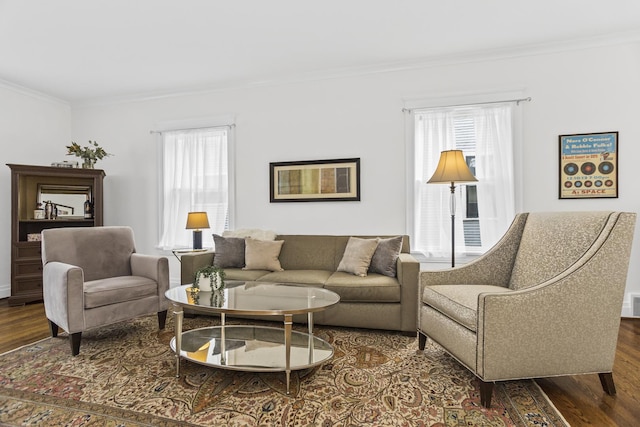 living room featuring wood-type flooring, a healthy amount of sunlight, and ornamental molding