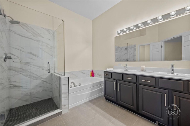 full bath featuring a bath, double vanity, a marble finish shower, and a sink