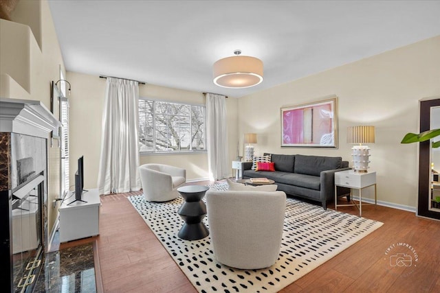 living area featuring a premium fireplace, baseboards, and wood finished floors