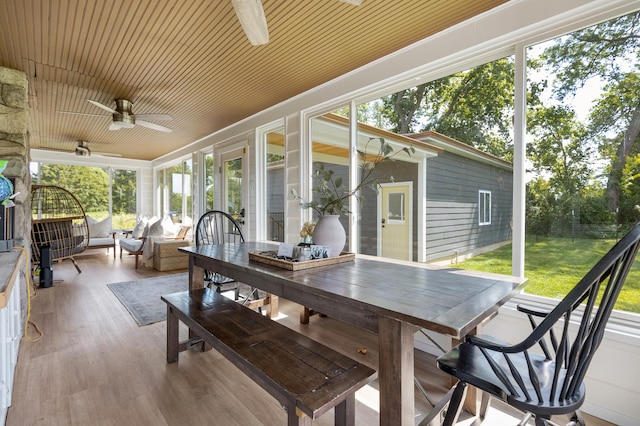 sunroom / solarium featuring wooden ceiling and ceiling fan