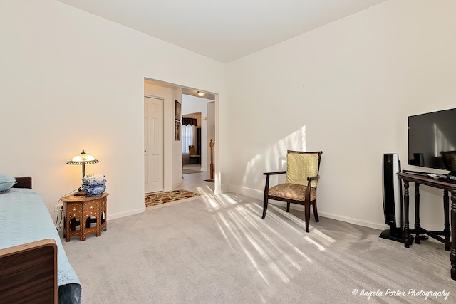 sitting room featuring light colored carpet