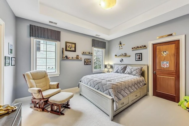 carpeted bedroom with a raised ceiling