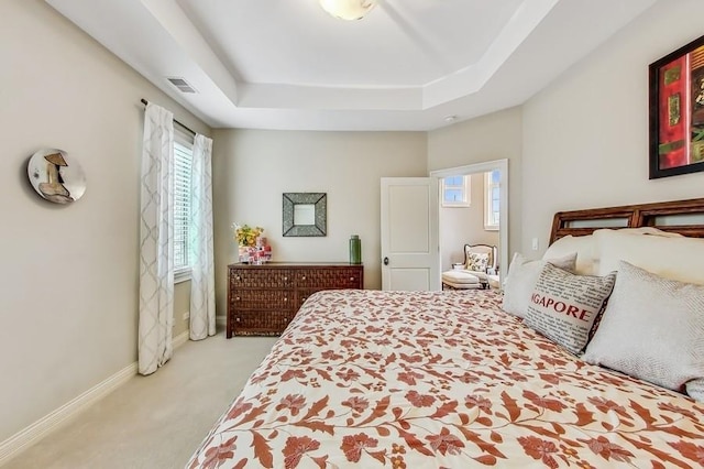 carpeted bedroom with a tray ceiling