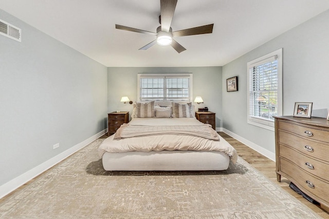 bedroom with ceiling fan and light hardwood / wood-style floors