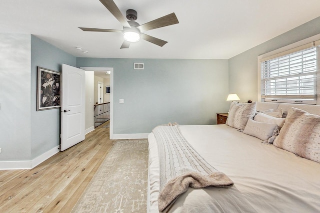 bedroom with ceiling fan and light hardwood / wood-style flooring