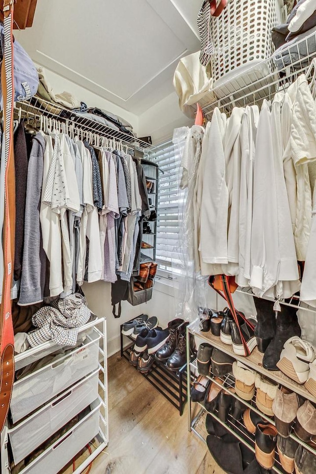 walk in closet with hardwood / wood-style flooring