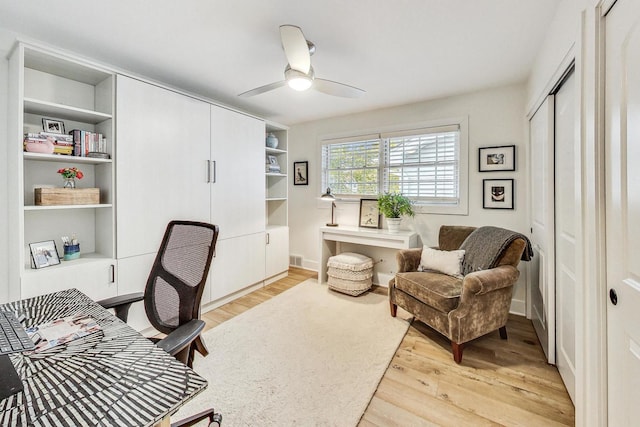 office featuring ceiling fan and light wood-type flooring