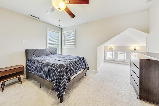 bedroom with light colored carpet and ceiling fan