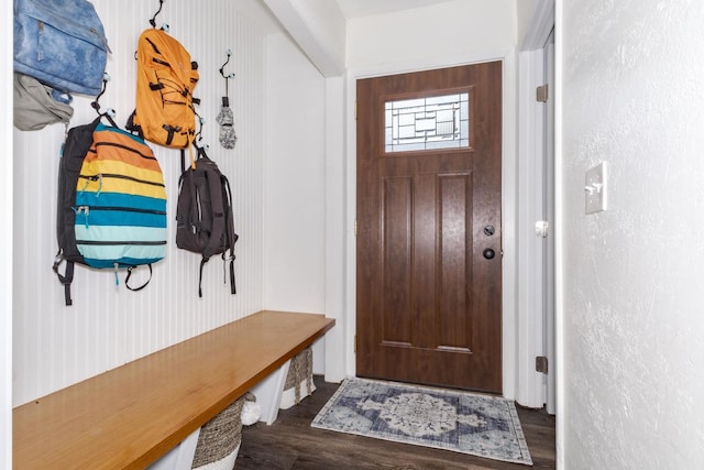 mudroom featuring dark wood finished floors and a textured wall