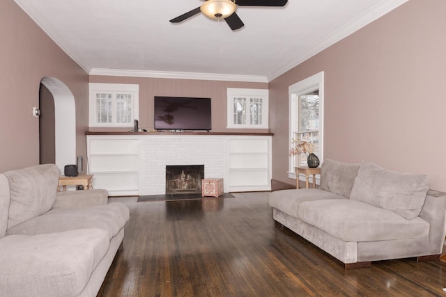 living room featuring dark wood-style floors, a fireplace, crown molding, and a ceiling fan