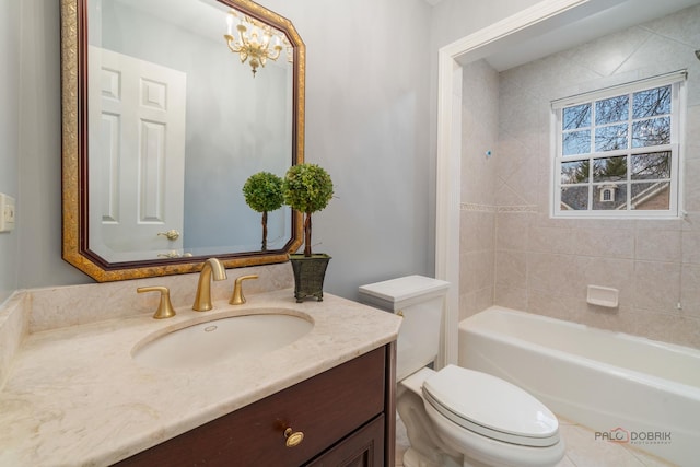 full bath featuring toilet, vanity, and shower / bathing tub combination