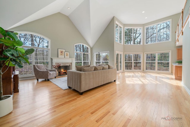 living area with high vaulted ceiling, a warm lit fireplace, light wood finished floors, and plenty of natural light
