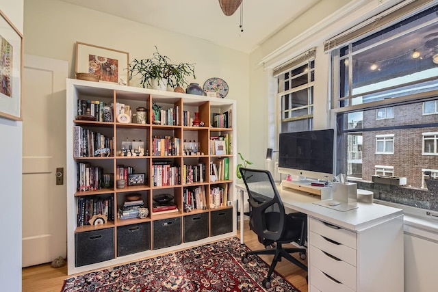 office with ceiling fan and light hardwood / wood-style flooring