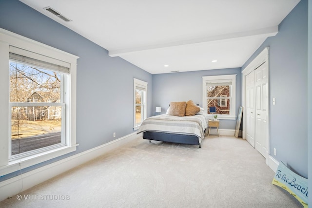 bedroom featuring multiple windows, light colored carpet, and a closet