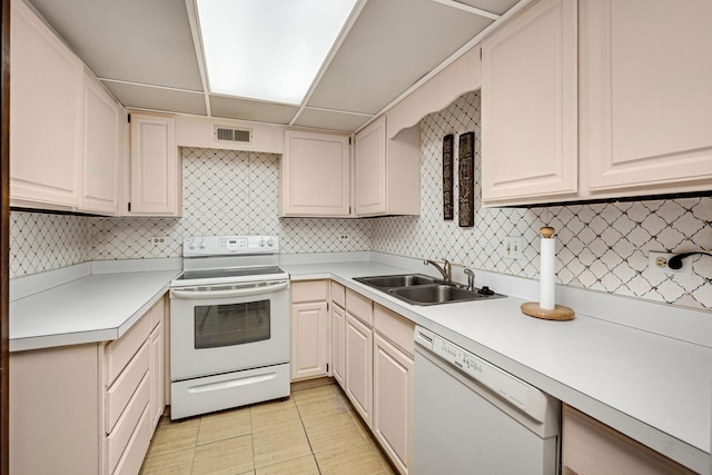 kitchen with sink, white cabinets, white appliances, and decorative backsplash