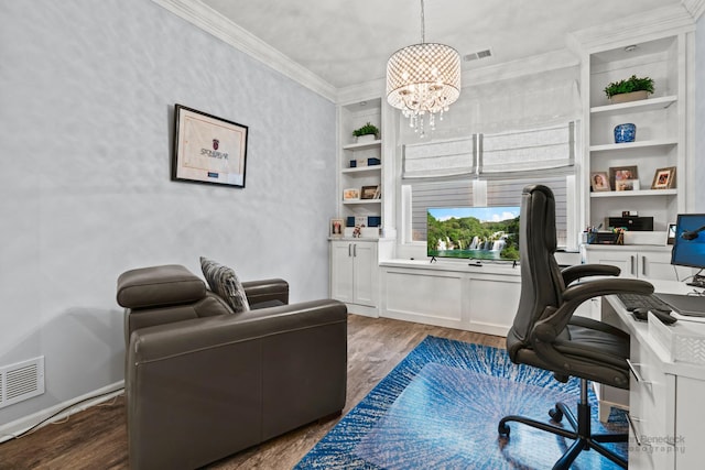 office area with a chandelier, crown molding, built in shelves, and dark hardwood / wood-style floors