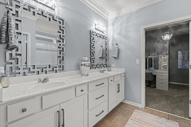 bathroom featuring ornamental molding, vanity, tile patterned flooring, and a chandelier