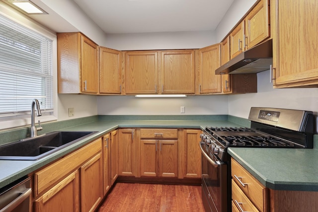 kitchen with appliances with stainless steel finishes, sink, and dark wood-type flooring