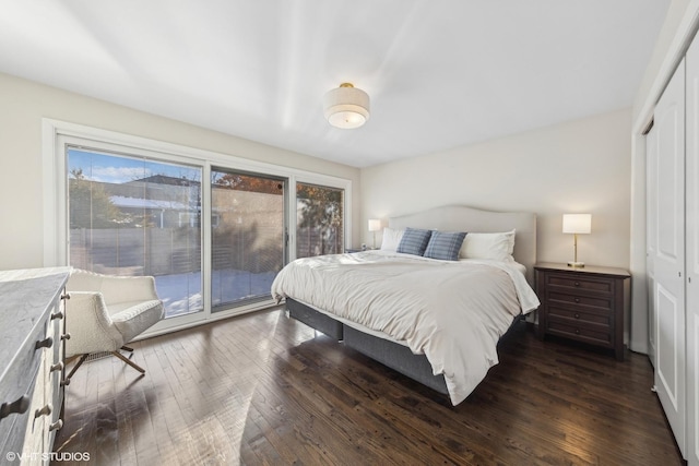 bedroom featuring access to exterior, dark hardwood / wood-style flooring, and a closet