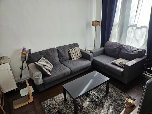 living room with dark hardwood / wood-style flooring