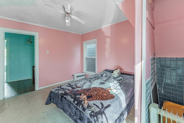 carpeted bedroom with an AC wall unit, a textured ceiling, and ceiling fan