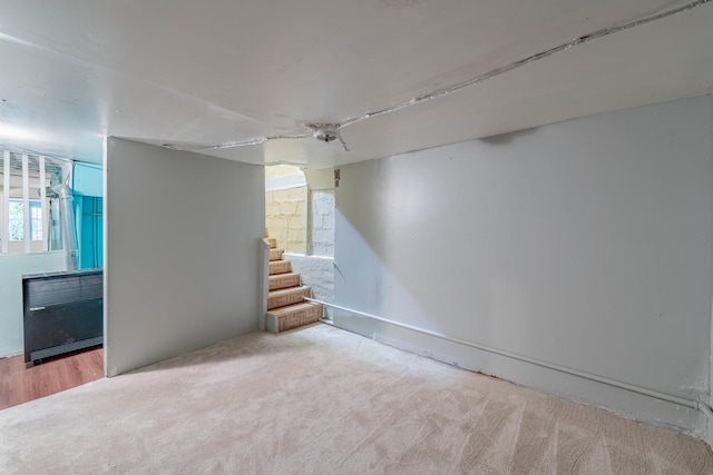 basement featuring light carpet and radiator