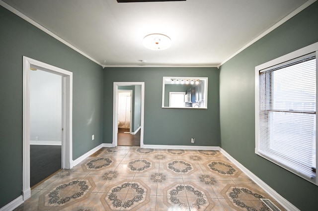 tiled bedroom featuring crown molding