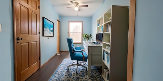 office area with dark hardwood / wood-style floors and ceiling fan