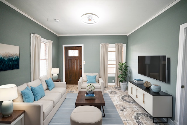 living room with ornamental molding