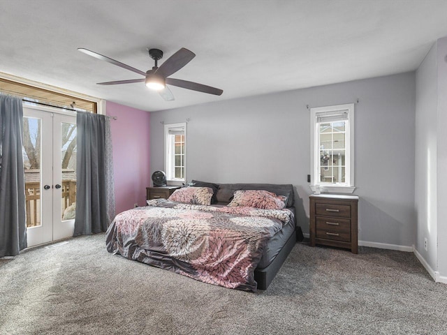 bedroom with access to outside, french doors, carpet, baseboards, and ceiling fan