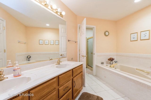 bathroom with vanity, plus walk in shower, and tile patterned flooring