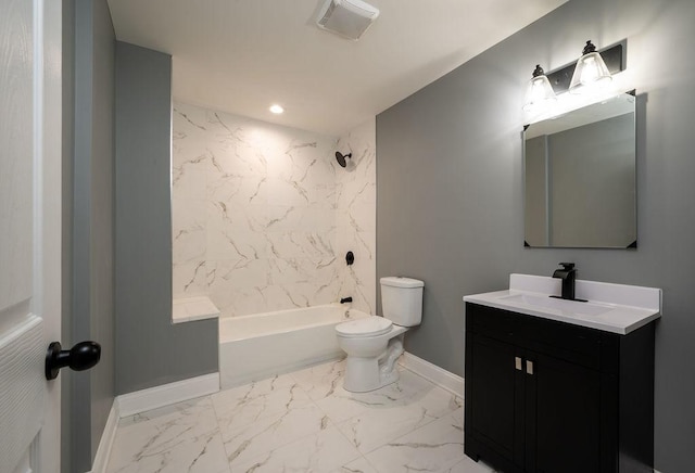 full bathroom featuring tiled shower / bath, vanity, and toilet