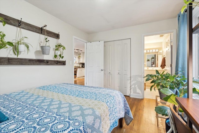 bedroom with wood-type flooring and a closet