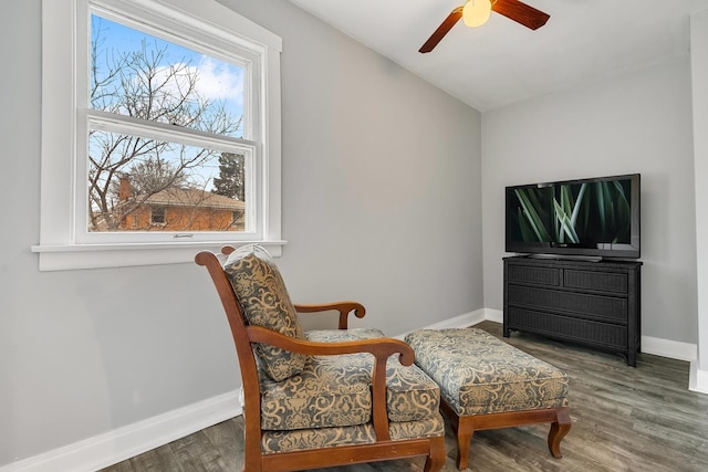 sitting room featuring lofted ceiling, dark wood-type flooring, and ceiling fan