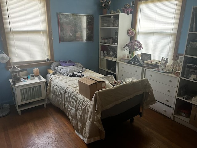 bedroom featuring dark wood-type flooring and multiple windows