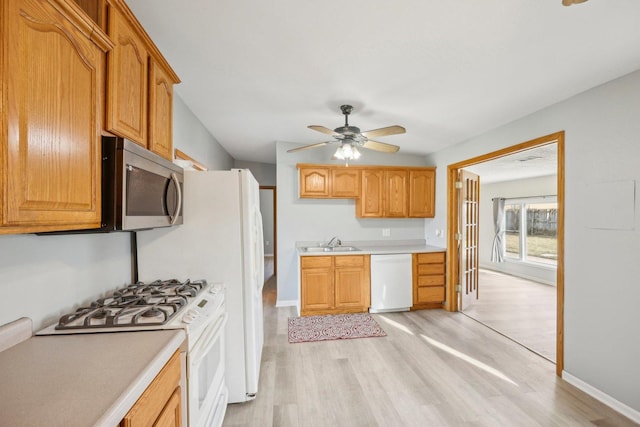 kitchen with ceiling fan, white appliances, light hardwood / wood-style floors, and sink